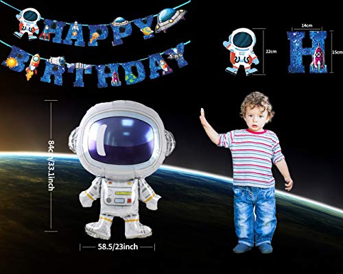 Decoraciones Cumpleaños para Niño Tema de Astronauta Espacial Niño Decoraciones de Globos Azules Cohete Luna Globos de Papel de Aluminio Pancarta de Cumpleaños Niños