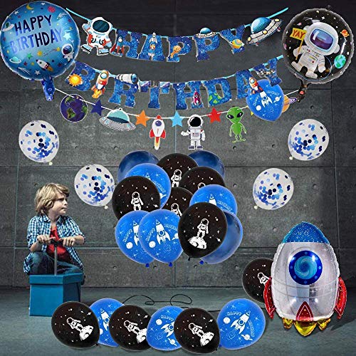 Decoraciones Cumpleaños para Niño Tema de Astronauta Espacial Niño Decoraciones de Globos Azules Cohete Luna Globos de Papel de Aluminio Pancarta de Cumpleaños Niños