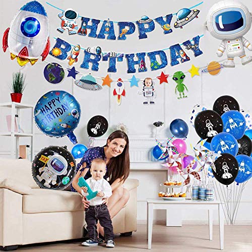 Decoraciones Cumpleaños para Niño Tema de Astronauta Espacial Niño Decoraciones de Globos Azules Cohete Luna Globos de Papel de Aluminio Pancarta de Cumpleaños Niños