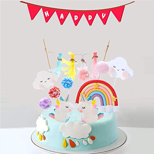 DERU Decoracion Tarta Unicornio, 11 Piezas Cumpleaños Pastel Decoración, Cake Topper Unicornio, Topper Unicornio con Cloud Rainbow para niñas Niños Cumpleaños Suministros de decoración