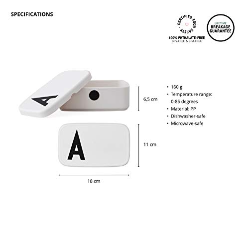 Design Letters personal caja de almuerzo (Blanco) - E - Sin BPA y BPS, De la A a la Z, Ideal para la escuela o el trabajo, Fácil de abrir, Para adultos y niños, 154 g, W: 18 x H: 6.5 xl: 11cm