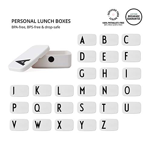 Design Letters personal caja de almuerzo (Blanco) - E - Sin BPA y BPS, De la A a la Z, Ideal para la escuela o el trabajo, Fácil de abrir, Para adultos y niños, 154 g, W: 18 x H: 6.5 xl: 11cm