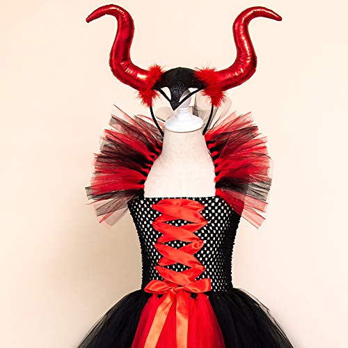 Disfraz maléfica para niña de princesa de fantasía malvada reina, vestido de tul hecho a mano con diadema de cuerno malvado bruja Halloween carnaval Cosplay fiesta, rosso, 8-9 años