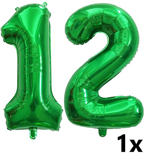 DIWULI, Gran Juego de Globos de Dinosaurios, 1x Globo Gigante de Dinosaurios + XL número 12 número Globo Verde + 2X Globo de Estrellas + 2X Globo de Papel de Aluminio 12º cumpleaños del niño