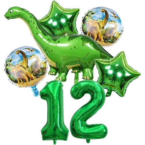 DIWULI, Gran Juego de Globos de Dinosaurios, 1x Globo Gigante de Dinosaurios + XL número 12 número Globo Verde + 2X Globo de Estrellas + 2X Globo de Papel de Aluminio 12º cumpleaños del niño