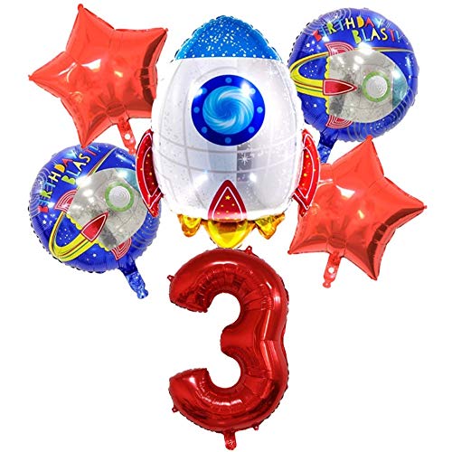 DIWULI, juego de globos espaciales cohete grande, globo XL número 3 rojo, globos de lámina de feliz cumpleaños 3º niño, fiesta temática, decoración, nave espacial, astronauta, estrellas, planeta