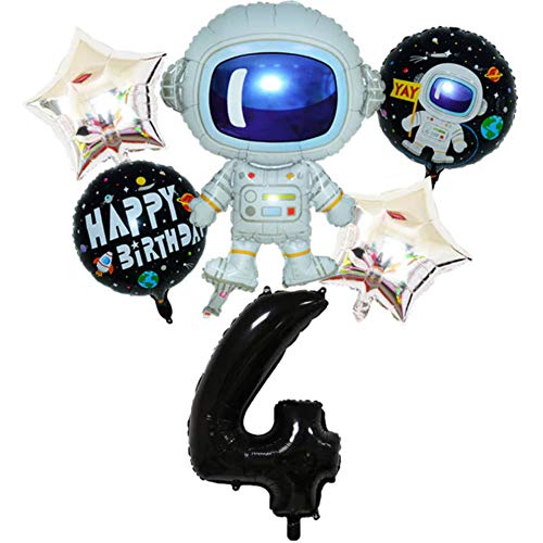 DIWULI, juego de globos espaciales de astronauta grande, globo XL número 4 negro, globos de lámina de feliz cumpleaños, 4º cumpleaños infantil, fiesta temática, decoración, cohete, nave espacial