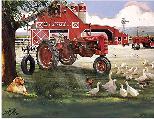 DIY Pintar por números Animales en el pasto perro, pato, ganso, pollo, cuadro de arte del tractor pintura digital por números kits sobre lienzo Con pincel y pintura acrílica p40x60cm(Sin marco)