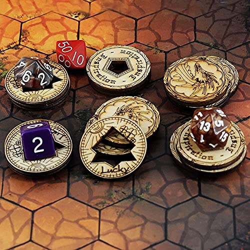 DND Tokens - Juego de 15 monedas de madera cortadas con láser en 3 estilos – Trébol de la suerte, inspiración y dragón, perfecto para mazmorras y dragones, Pathfinder, RPG y juego de mesa