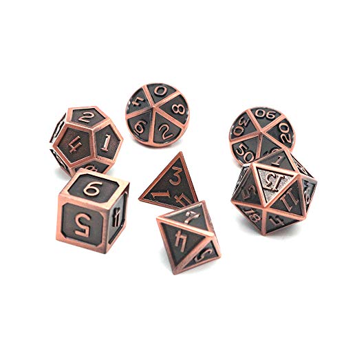 DollaTek 7 PCS D&D de Metal sólido Juego con Bolsa de Almacenamiento y aleación de Zinc con Esmalte para Juegos de rol Mazmorras y Dragones (Colgante Antiguo Plateado Rojo Cobre)