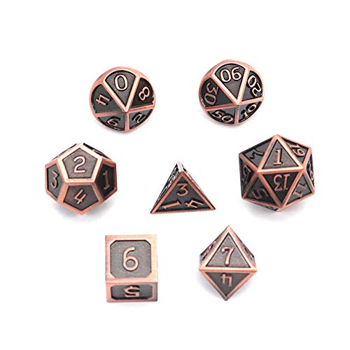 DollaTek 7 PCS D&D de Metal sólido Juego con Bolsa de Almacenamiento y aleación de Zinc con Esmalte para Juegos de rol Mazmorras y Dragones (Colgante Antiguo Plateado Rojo Cobre)