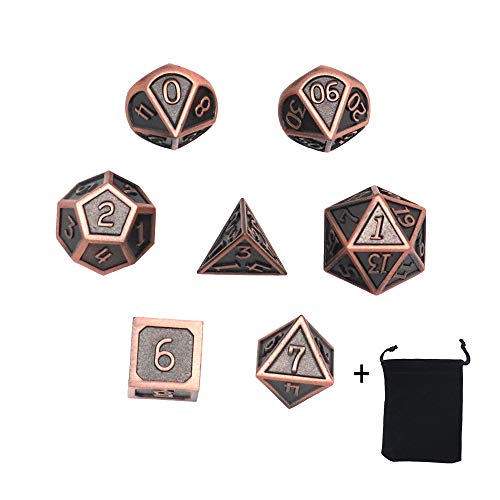 DollaTek 7 PCS D&D de Metal sólido Juego con Bolsa de Almacenamiento y aleación de Zinc con Esmalte para Juegos de rol Mazmorras y Dragones (Colgante Antiguo Plateado Rojo Cobre)