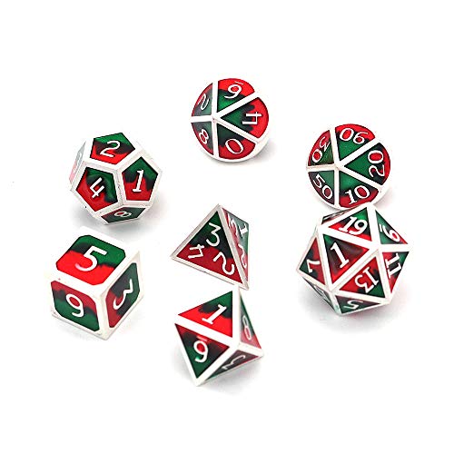 DollaTek 7Pcs poliédricos DND Juego de Dados de Metal sólido con Bolsa de Almacenamiento y aleación de Zinc con Esmalte para Juegos de rol Mazmorras y Dragones (Mezcla de Dos Colores Rojo y Verde)