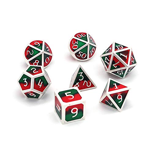 DollaTek 7Pcs poliédricos DND Juego de Dados de Metal sólido con Bolsa de Almacenamiento y aleación de Zinc con Esmalte para Juegos de rol Mazmorras y Dragones (Mezcla de Dos Colores Rojo y Verde)