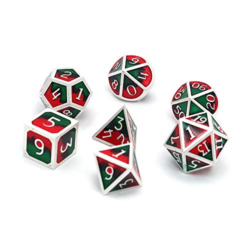 DollaTek 7Pcs poliédricos DND Juego de Dados de Metal sólido con Bolsa de Almacenamiento y aleación de Zinc con Esmalte para Juegos de rol Mazmorras y Dragones (Mezcla de Dos Colores Rojo y Verde)