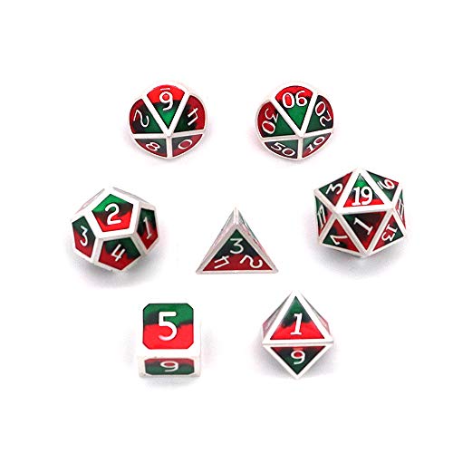 DollaTek 7Pcs poliédricos DND Juego de Dados de Metal sólido con Bolsa de Almacenamiento y aleación de Zinc con Esmalte para Juegos de rol Mazmorras y Dragones (Mezcla de Dos Colores Rojo y Verde)