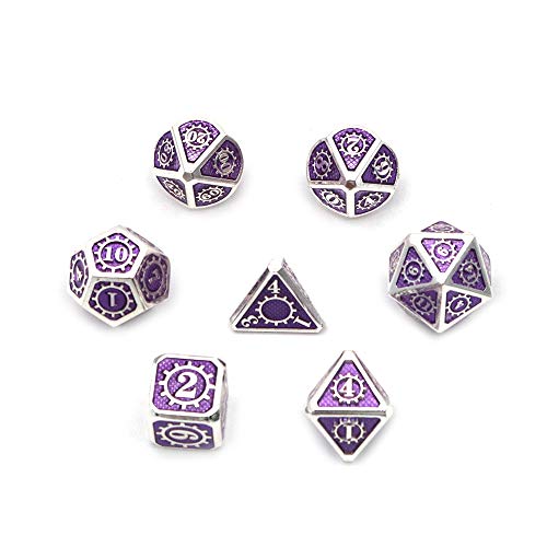 DollaTek Juego de Dados poliédricos metálicos de 7 Piezas con Bolsa de Almacenamiento Negra para Juegos de rol Dungeons and Dragons D&D Math Teaching (Gear Silver and Purple)