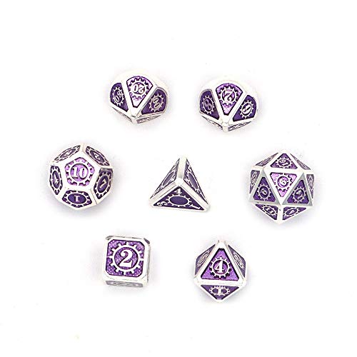 DollaTek Juego de Dados poliédricos metálicos de 7 Piezas con Bolsa de Almacenamiento Negra para Juegos de rol Dungeons and Dragons D&D Math Teaching (Gear Silver and Purple)