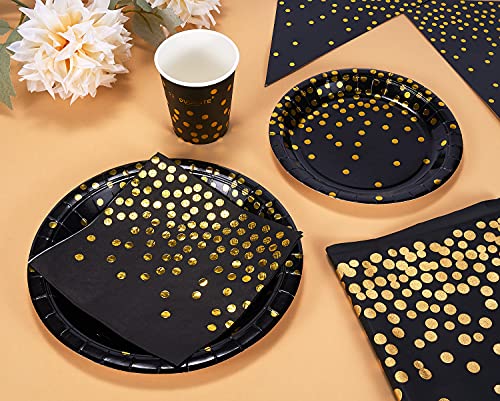 Duocute Platos Fiesta Oro Negro 99 Piezas Vajilla Papel Cumpleaños Incluye Platos, Servilletas, Vasos, Mantel, Banner, para Aniversario, Cumpleaños, Cóctel, Compromiso, Graduación (24 Invitados)