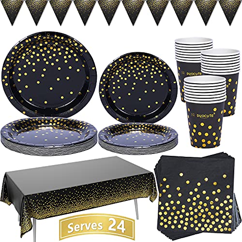 Duocute Platos Fiesta Oro Negro 99 Piezas Vajilla Papel Cumpleaños Incluye Platos, Servilletas, Vasos, Mantel, Banner, para Aniversario, Cumpleaños, Cóctel, Compromiso, Graduación (24 Invitados)