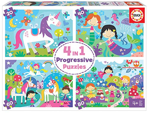 Educa 18905 4 en 1 Mundo de Fantasía. Puzzles Progresivos Infantiles. 20, 40, 60 y 80 Piezas. +4 años. Ref, Multicolor