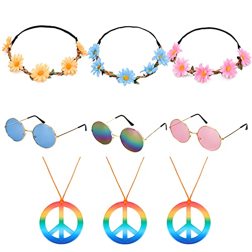 Euvoym Juego de accesorios para disfraz hippie, 3 piezas, estilo retro, estilo de los años 60, 70, con 3 piezas de collar de signo de paz y 3 diademas de girasol margaritas para hombres y mujeres