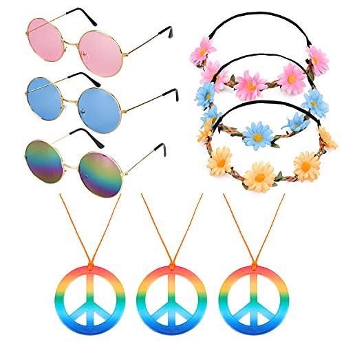 Euvoym Juego de accesorios para disfraz hippie, 3 piezas, estilo retro, estilo de los años 60, 70, con 3 piezas de collar de signo de paz y 3 diademas de girasol margaritas para hombres y mujeres