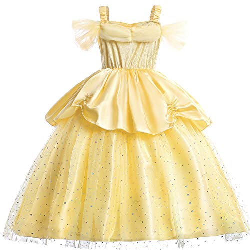 Fanessy La Bella y la Bestia Disfraz Chica Encaje Amarillo Lazo Brillante Vestido Fiesta de Halloween Cumpleaños Fiesta de Baile Disfraz de Cosplay Varita mágica Collar niños