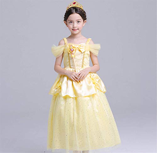 Fanessy La Bella y la Bestia Disfraz Chica Encaje Amarillo Lazo Brillante Vestido Fiesta de Halloween Cumpleaños Fiesta de Baile Disfraz de Cosplay Varita mágica Collar niños