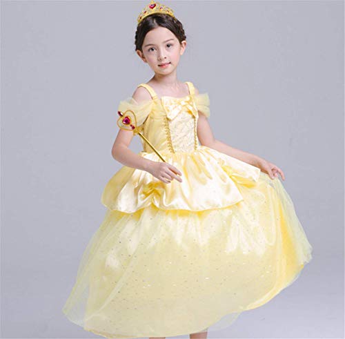 Fanessy La Bella y la Bestia Disfraz Chica Encaje Amarillo Lazo Brillante Vestido Fiesta de Halloween Cumpleaños Fiesta de Baile Disfraz de Cosplay Varita mágica Collar niños