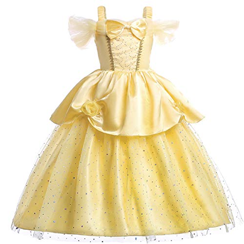 Fanessy La Bella y la Bestia Disfraz Chica Encaje Amarillo Lazo Brillante Vestido Fiesta de Halloween Cumpleaños Fiesta de Baile Disfraz de Cosplay Varita mágica Collar niños