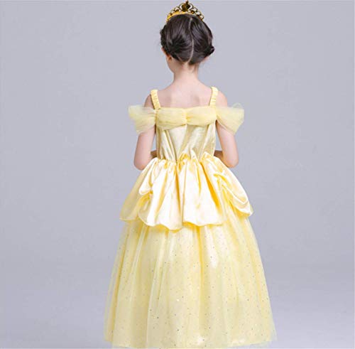 Fanessy La Bella y la Bestia Disfraz Chica Encaje Amarillo Lazo Brillante Vestido Fiesta de Halloween Cumpleaños Fiesta de Baile Disfraz de Cosplay Varita mágica Collar niños