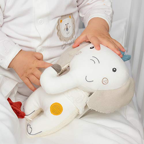 Fehn 056013 - Caja de música con forma de elefante - Peluche y ayuda para dormir de algodón orgánico certificado (kbA), relleno de fibras PLA - Melodía «Träumei» calma a bebés y niños pequeños