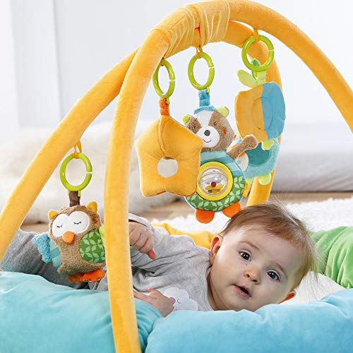 Fehn 071184 Nido de actividades en 3D Búho, arco de juego especialmente suave con 5 juguetes extraíbles para que el bebé juegue y se divierta desde el nacimiento, Dimensiones: diámetro de 85 cm