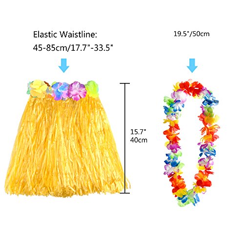 FEPITO 5 Set 25 Unids Hawaiian Grass Hula Faldas Conjuntos Incluyen Flor Leis Collar Pulseras Diadema Luau Faldas para Niños Hawaii Traje Tropical Luau Fiesta de Cumpleaños Suministros