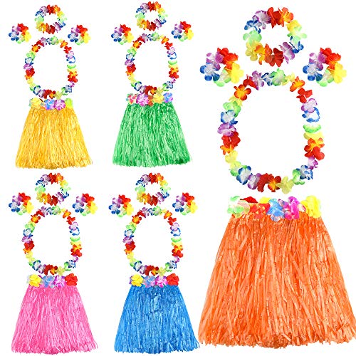 FEPITO 5 Set 25 Unids Hawaiian Grass Hula Faldas Conjuntos Incluyen Flor Leis Collar Pulseras Diadema Luau Faldas para Niños Hawaii Traje Tropical Luau Fiesta de Cumpleaños Suministros