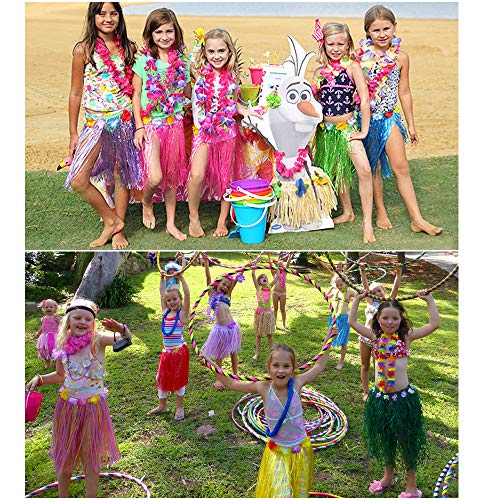 FEPITO 5 Set 25 Unids Hawaiian Grass Hula Faldas Conjuntos Incluyen Flor Leis Collar Pulseras Diadema Luau Faldas para Niños Hawaii Traje Tropical Luau Fiesta de Cumpleaños Suministros