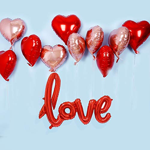 FLOFIA Juego 20pcs Globos Corazón 18" + 1pc Globo Amor Love 40" Rojo Globos Helio Foil Globos Papel de Aluminio Lámina Metalicos con Cintas para Boda San Valentín Aniversario Fiestas Decoracón