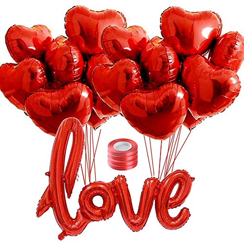 FLOFIA Juego 20pcs Globos Corazón 18" + 1pc Globo Amor Love 40" Rojo Globos Helio Foil Globos Papel de Aluminio Lámina Metalicos con Cintas para Boda San Valentín Aniversario Fiestas Decoracón