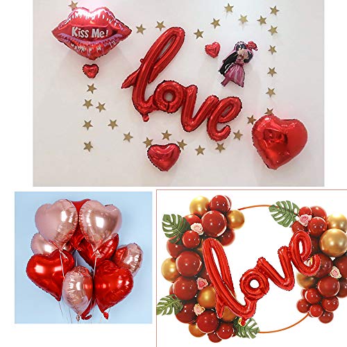 FLOFIA Juego 20pcs Globos Corazón 18" + 1pc Globo Amor Love 40" Rojo Globos Helio Foil Globos Papel de Aluminio Lámina Metalicos con Cintas para Boda San Valentín Aniversario Fiestas Decoracón