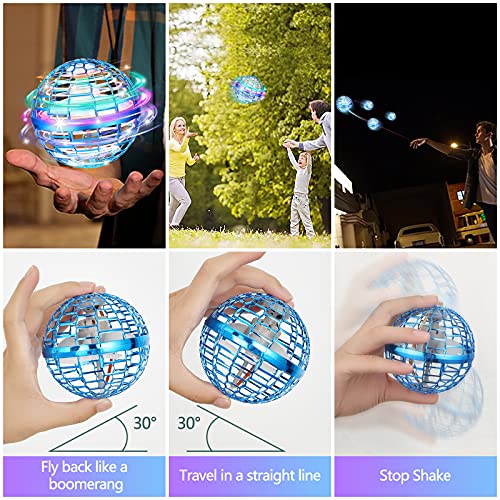 FLYNOVA PRO Flying Orb Toys, 360 ° UFO Giratorio Mini Drone Bola Voladora Incorporado RGB LED Spinner, Mágico Magic Volar Juguetes para Niños Adultos al Aire Libre Interior (Azul)