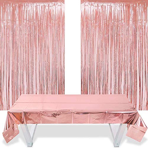 FLZONE 2 Piezas Cortinas Flecos Oro Rosa y 1 Pieza Mantel de Aluminio de 1 m * 2,7 m para Decoración de Festa de Boda,Cumpleaños,Baby Shower