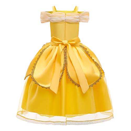 FMYFWY Niñas Vestidos de Belle Disfraz de Carnaval Princesa Cumpleaños Traje de Halloween Navidad Ceremonia Aniversario Bautizo Fiesta de Cosplay Bella y Bestia Costume con Accesorios 7-8 años