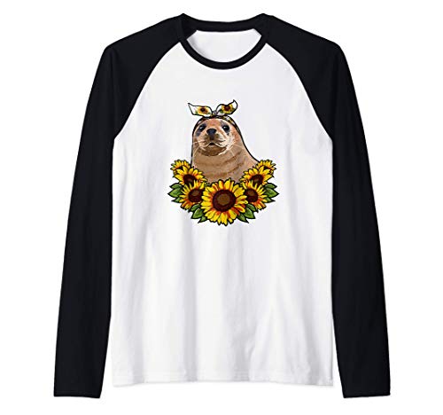 Foca Regalo Decoración De Girasoles Focas Camiseta Manga Raglan