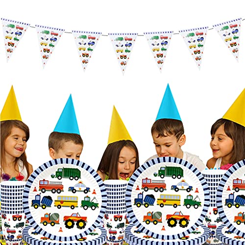 Forfamy Juego de decoración de cumpleaños de 62 piezas, para fiesta de cumpleaños, diseño de excavadora, bulldozer, camión, camión, fiesta temática, fiesta de cumpleaños para 20 invitados.