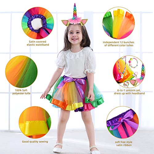 GEEKEO Falda Tutu Arcoiris para Niña, Disfraz Unicornio Niña con Falda Tutu Tul Colores Diadema Unicornio para Niñas Regalo De Cumpleaños,Ballet Baile,Fiesta de Cosplay Carnaval (2-8 años) (M,25CM)