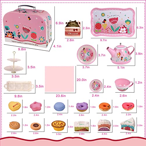 Gifts2U Juego de té para fiesta de té, incluye postre, galletas, donas, bandeja para tetera, mantel y funda de transporte, juego de cocina para niños a partir de 3 años