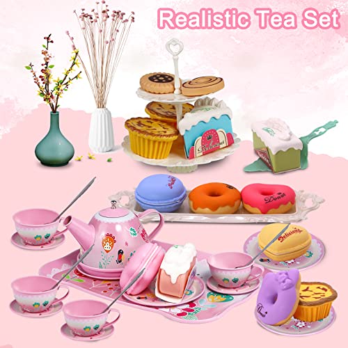 Gifts2U Juego de té para fiesta de té, incluye postre, galletas, donas, bandeja para tetera, mantel y funda de transporte, juego de cocina para niños a partir de 3 años