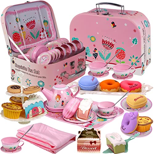 Gifts2U Juego de té para fiesta de té, incluye postre, galletas, donas, bandeja para tetera, mantel y funda de transporte, juego de cocina para niños a partir de 3 años