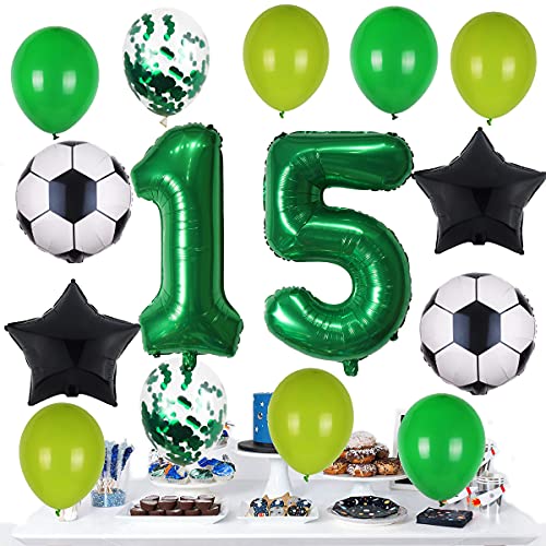 Globos de fútbol para decoración de cumpleaños número 15, globos de 32 pulgadas, globos verdes, globos de fútbol, globos negros y estrellas para niños y niñas de 15 años